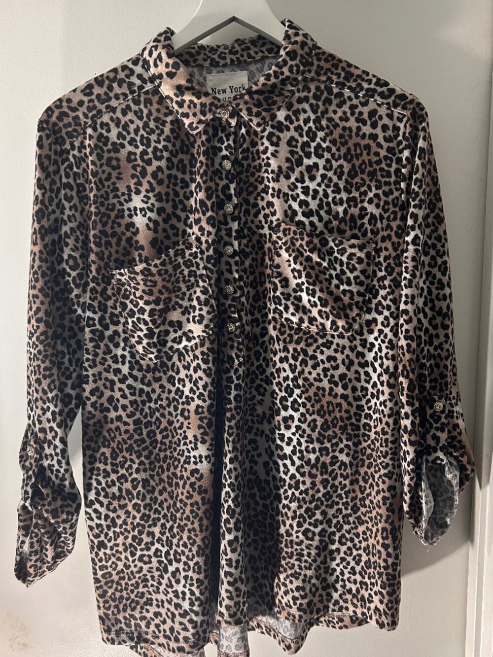 New York Laundry XL Super-Soft Leopard Print Rhinestone Button Tunic Top